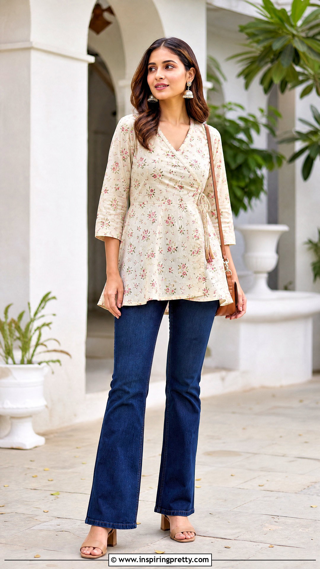 Angrakha Short Kurti With Bootcut Jeans - 50 short kurti top outfit ideas