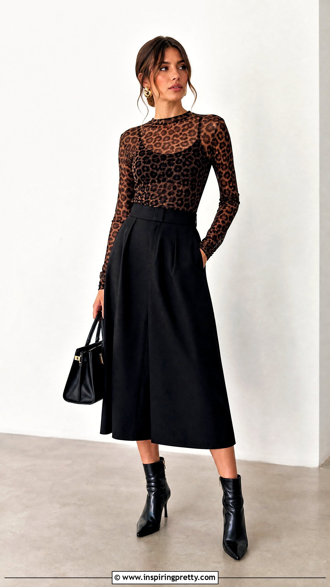 Animal Print Mesh Long Sleeve Top With Black Skirt - 50 mesh long sleeve top outfit ideas