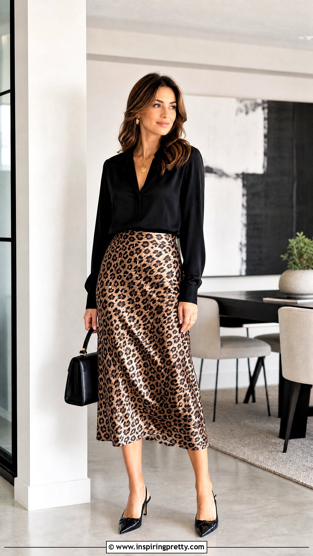 Animal Print Midi Skirt And Black Blouse - 50 skirt and top styles