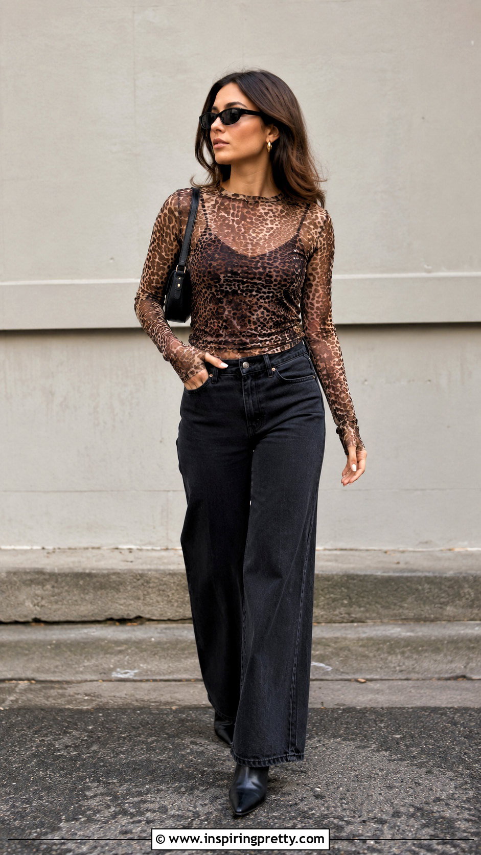 Animal Print Net Top With Wide Leg Jeans - 50 net top designs for women