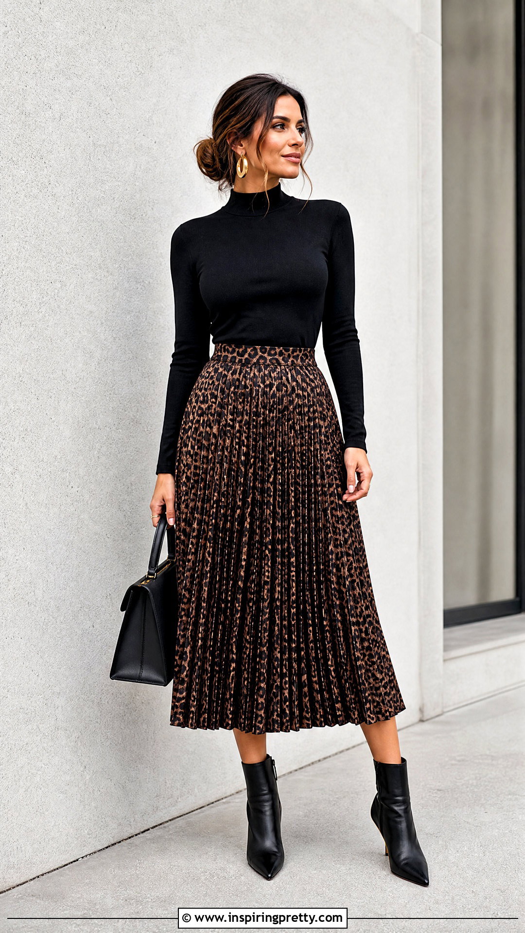 Animal Print Pleated Skirt With Black Mock Neck Top - 50 pleated skirt and top outfit ideas