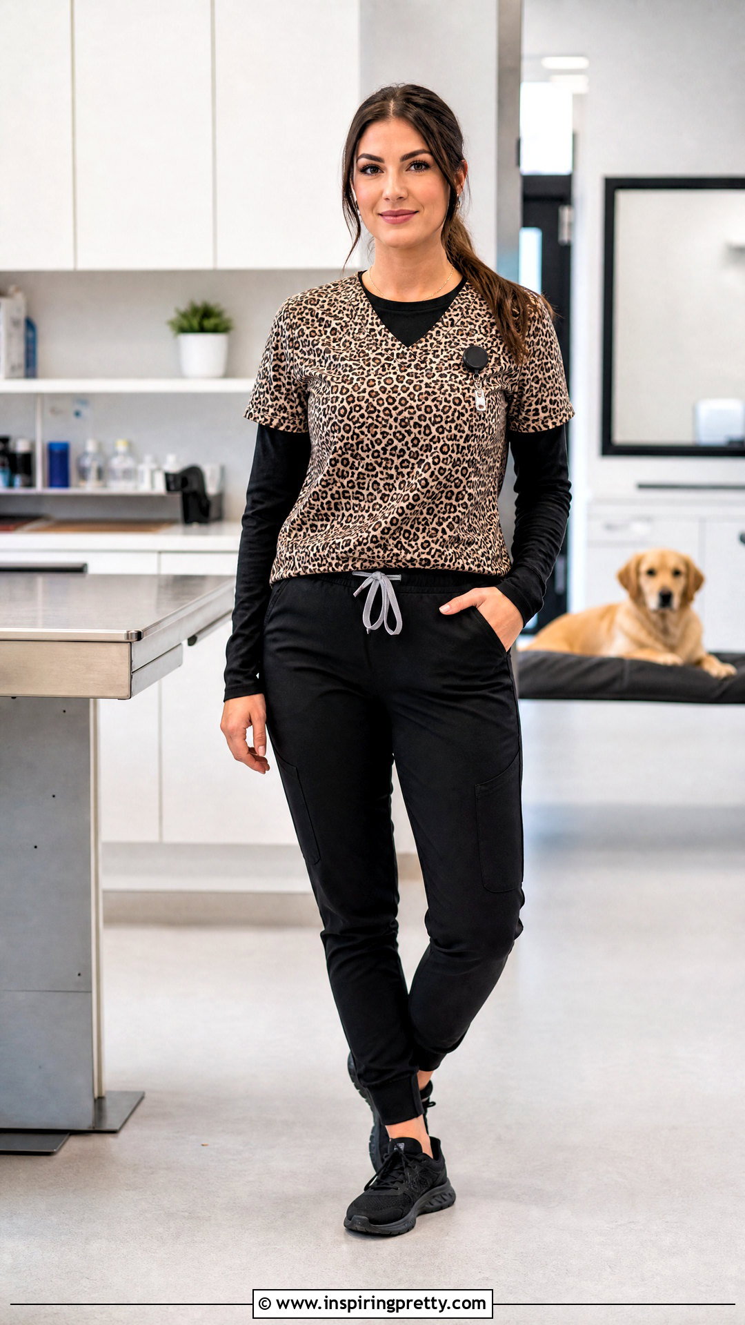 Animal Print Scrub Top With Black Joggers - 20 Fancy Scrub Tops outfit ideas