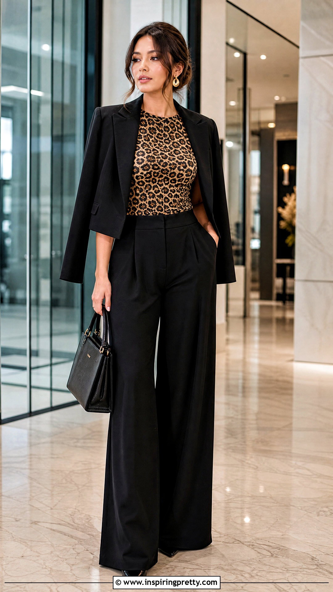 Animal Print Short Top With Black Palazzo Pants - 50 short top with plazo outfit ideas