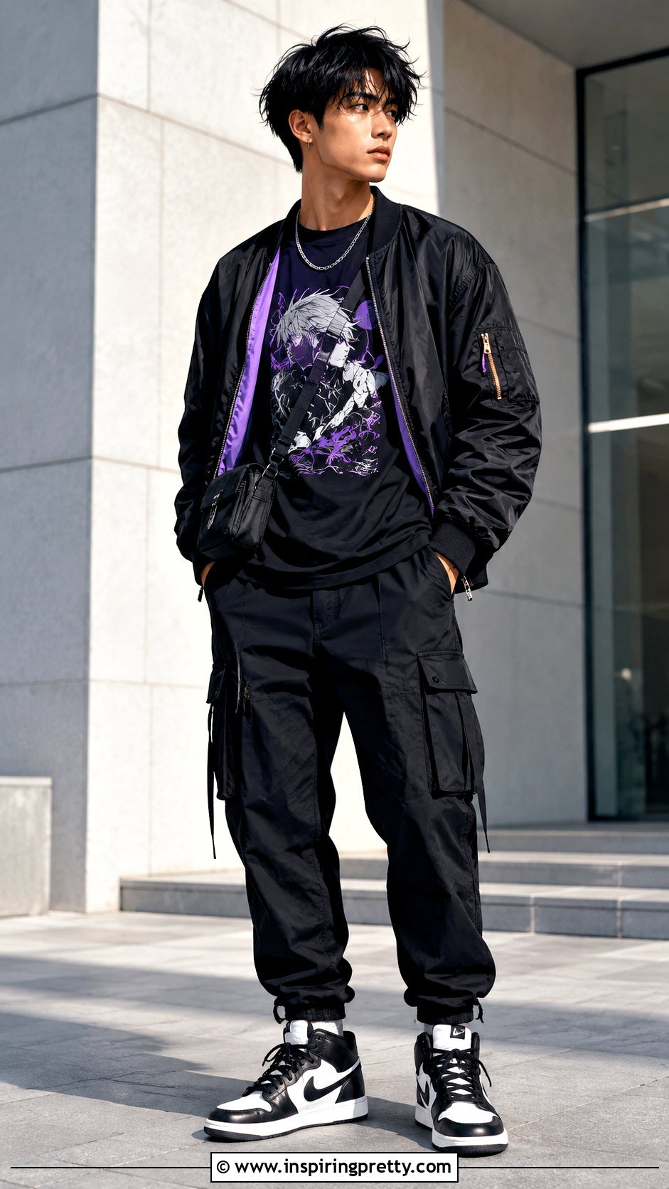Anime Graphic Tee With Black Cargo Pants Outfit - 25 graphic tops men