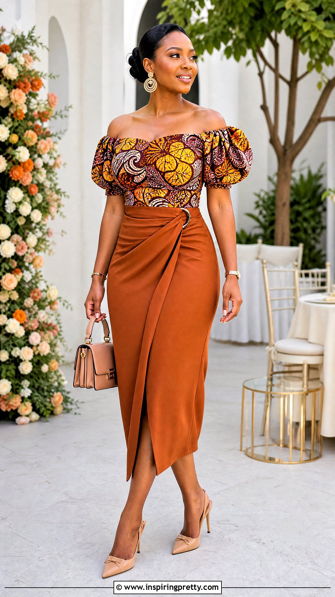 Ankara Bardot Top With Midi Skirt - 50 ankara tops outfit ideas