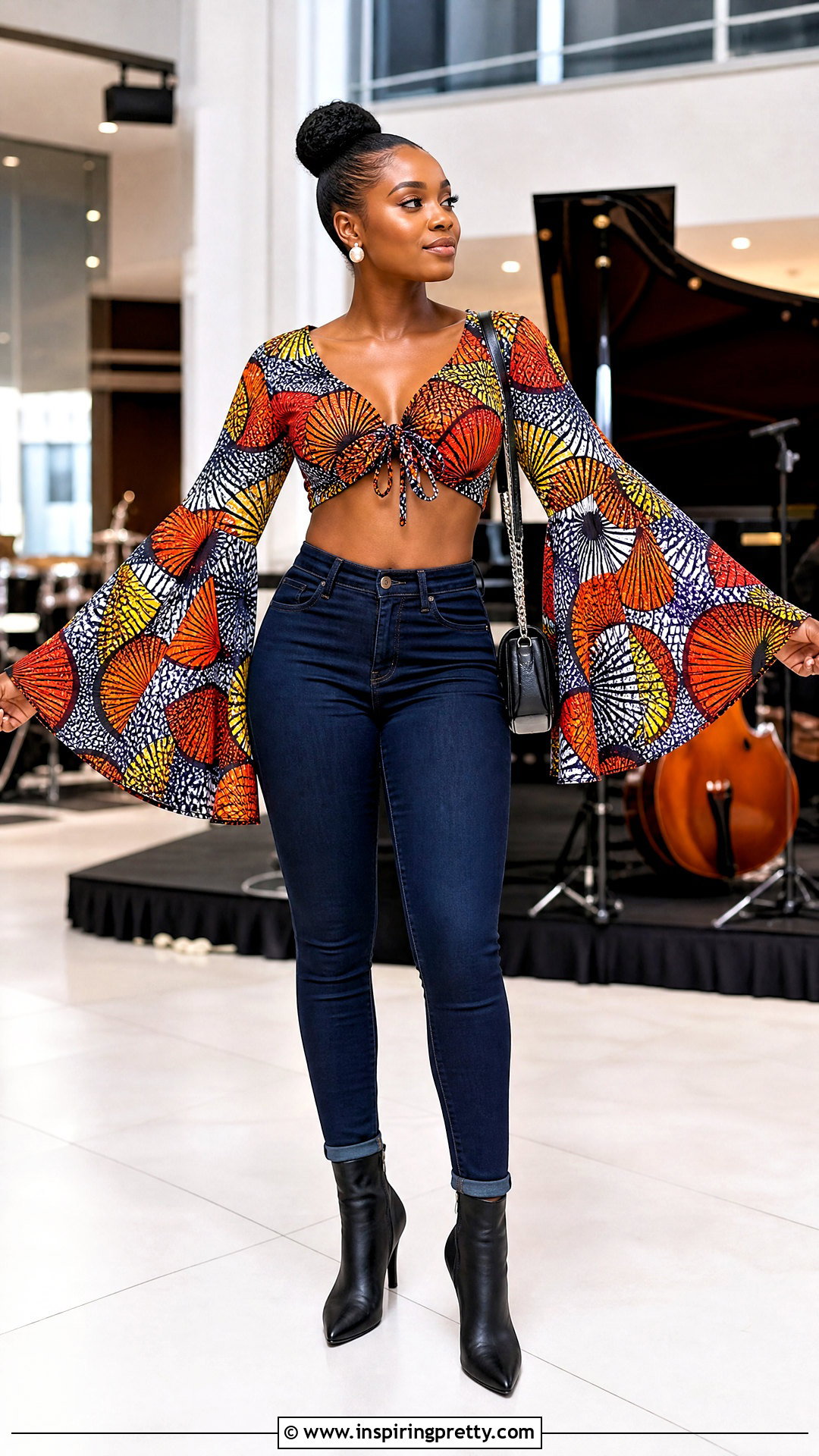 Ankara Bell Sleeve Crop Top With Skinny Jeans - 50 Ankara Crop Top Styles