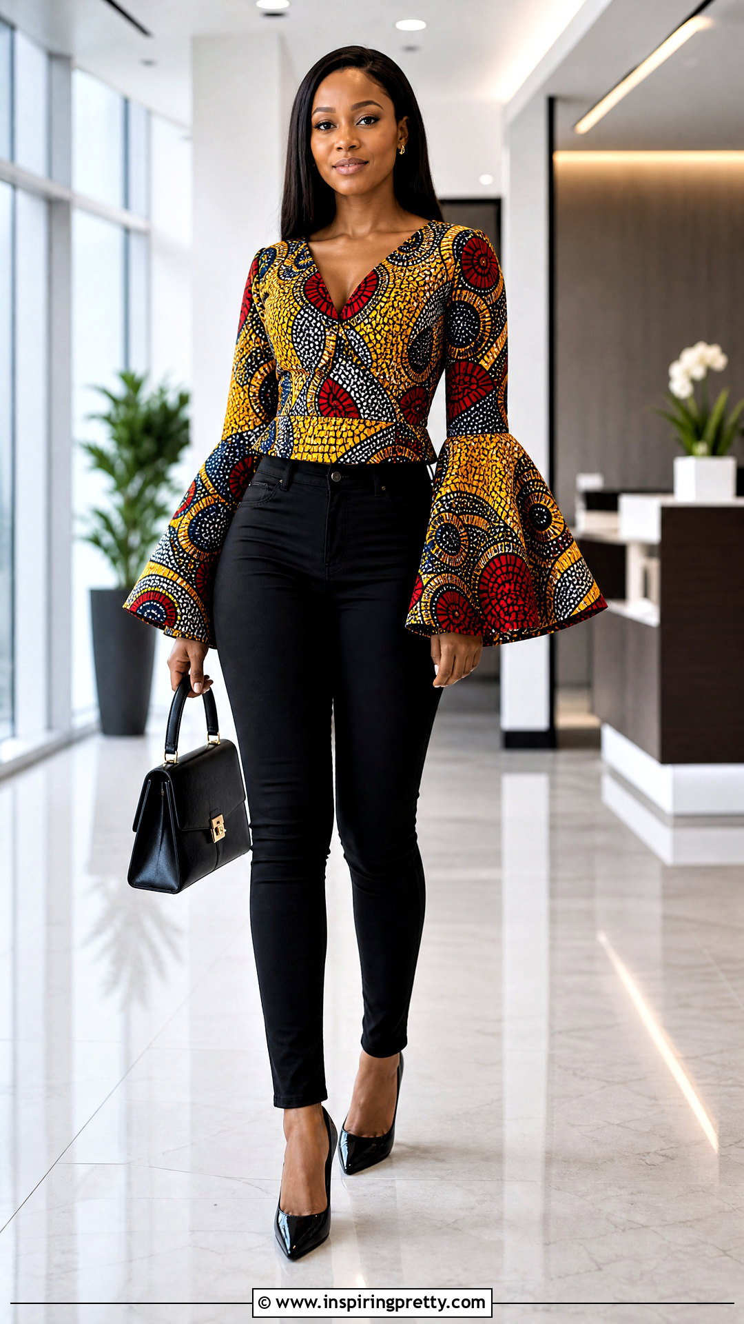 Ankara Bell Sleeve Top With Black Skinny Pants - 25 ankara bell sleeve top outfit ideas