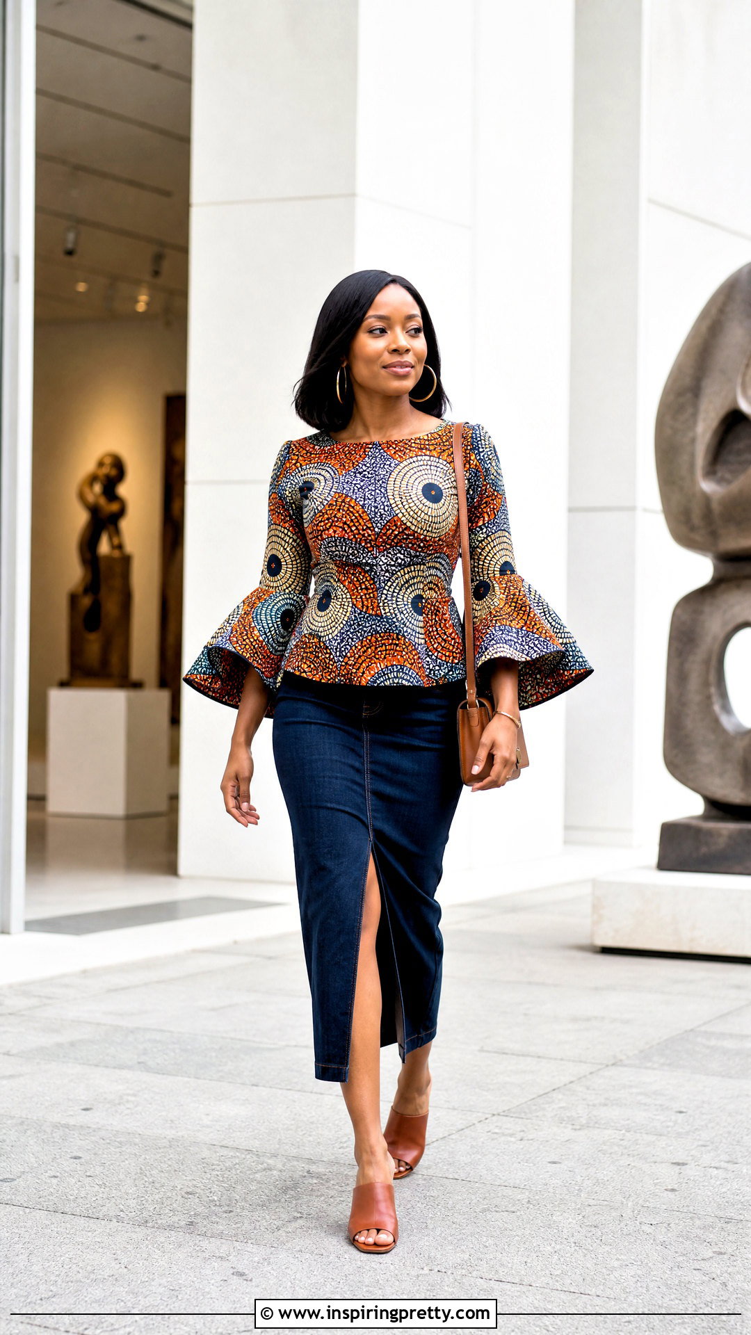 Ankara Bell Sleeve Top With Denim Midi Skirt - 25 ankara bell sleeve top outfit ideas
