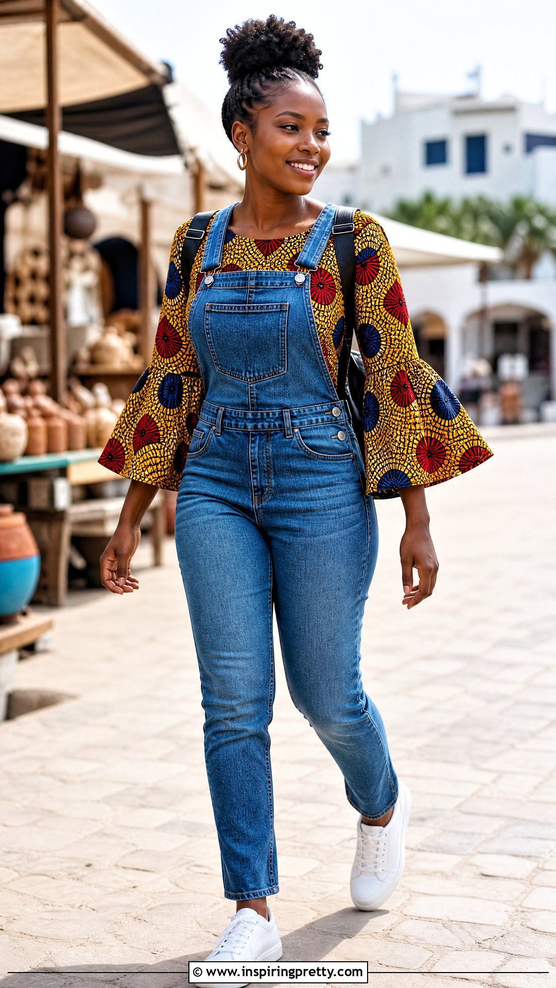 Ankara Bell Sleeve Top With Denim Overalls - 25 ankara bell sleeve top outfit ideas