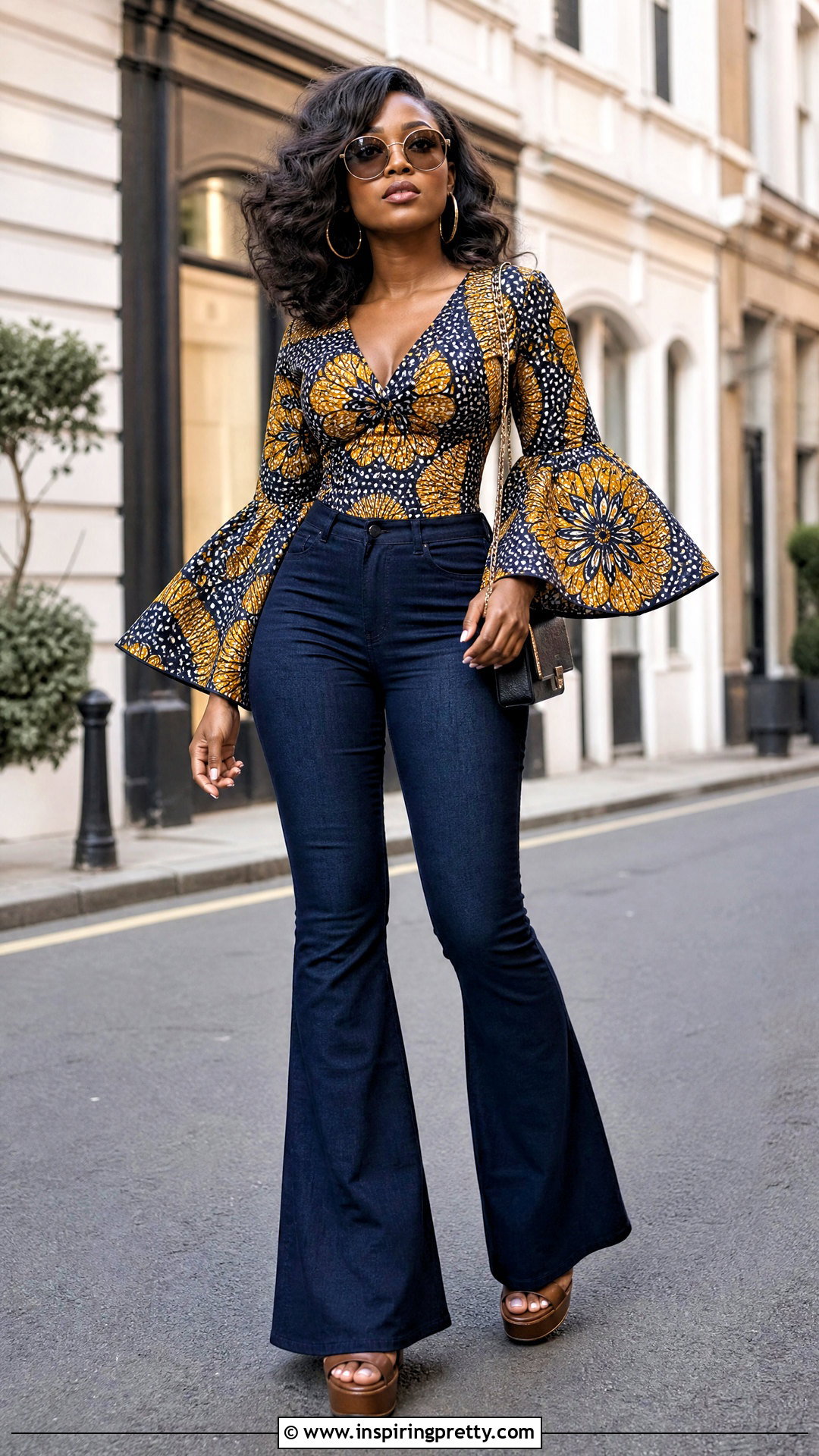 Ankara Bell Sleeve Top With Flared Jeans - 50 ankara tops outfit ideas