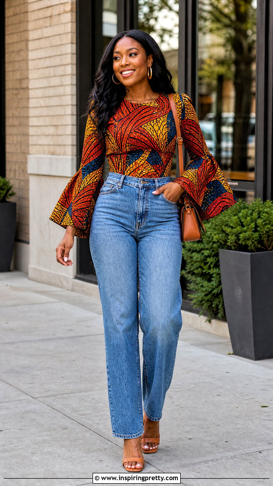 Ankara Bell Sleeve Top With High Waisted Jeans - 25 ankara bell sleeve top outfit ideas