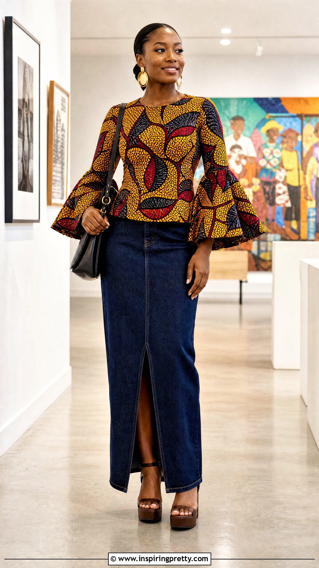 Ankara Bell Sleeve Top With Maxi Denim Skirt - 25 ankara bell sleeve top outfit ideas