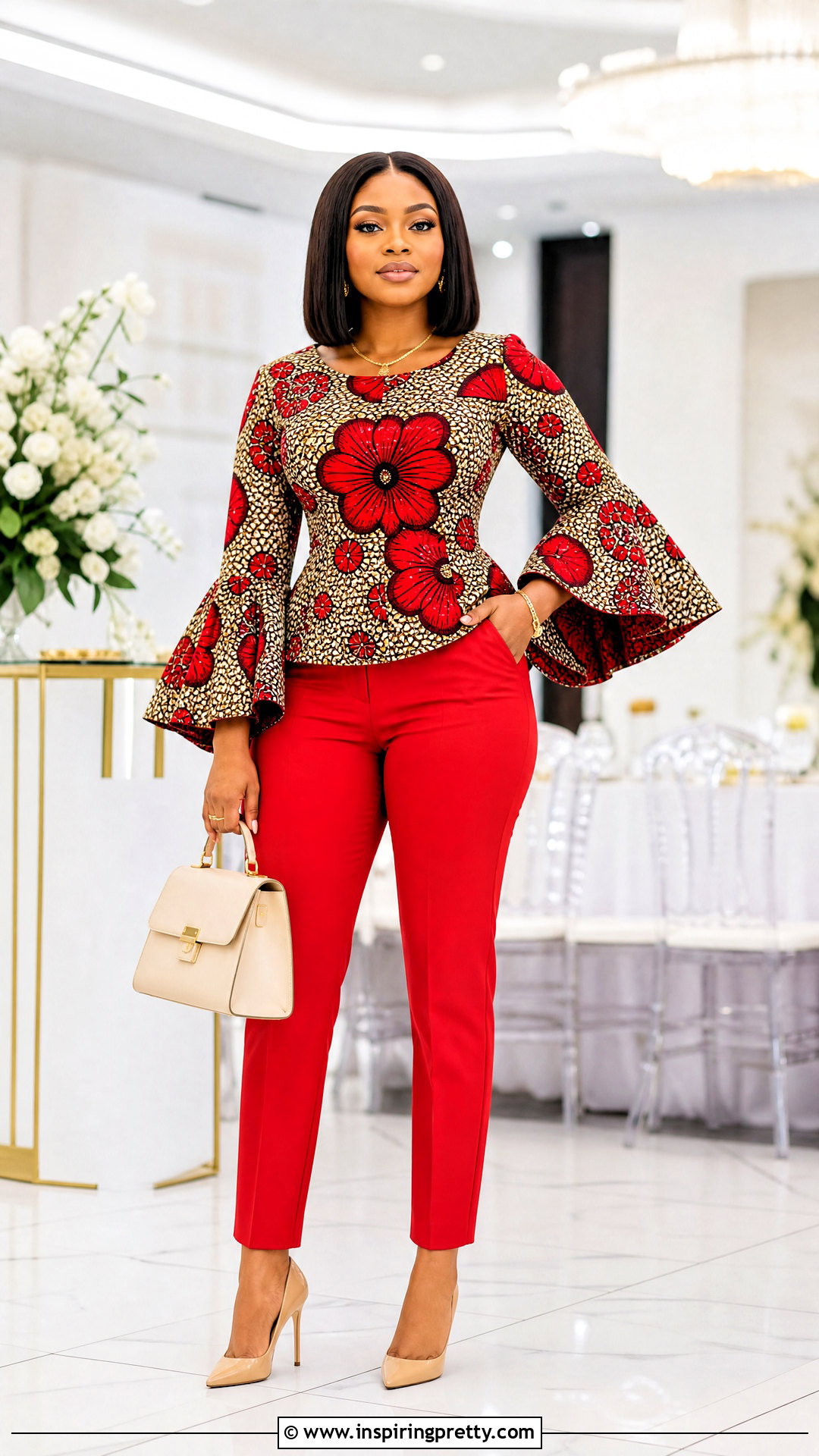 Ankara Bell Sleeve Top With Monochrome Red Pants - 25 ankara bell sleeve top outfit ideas