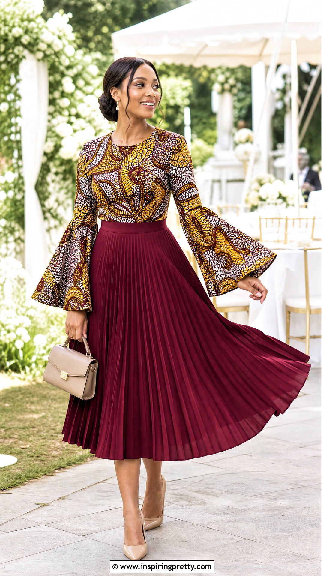 Ankara Bell Sleeve Top With Pleated Midi Skirt - 25 ankara bell sleeve top outfit ideas