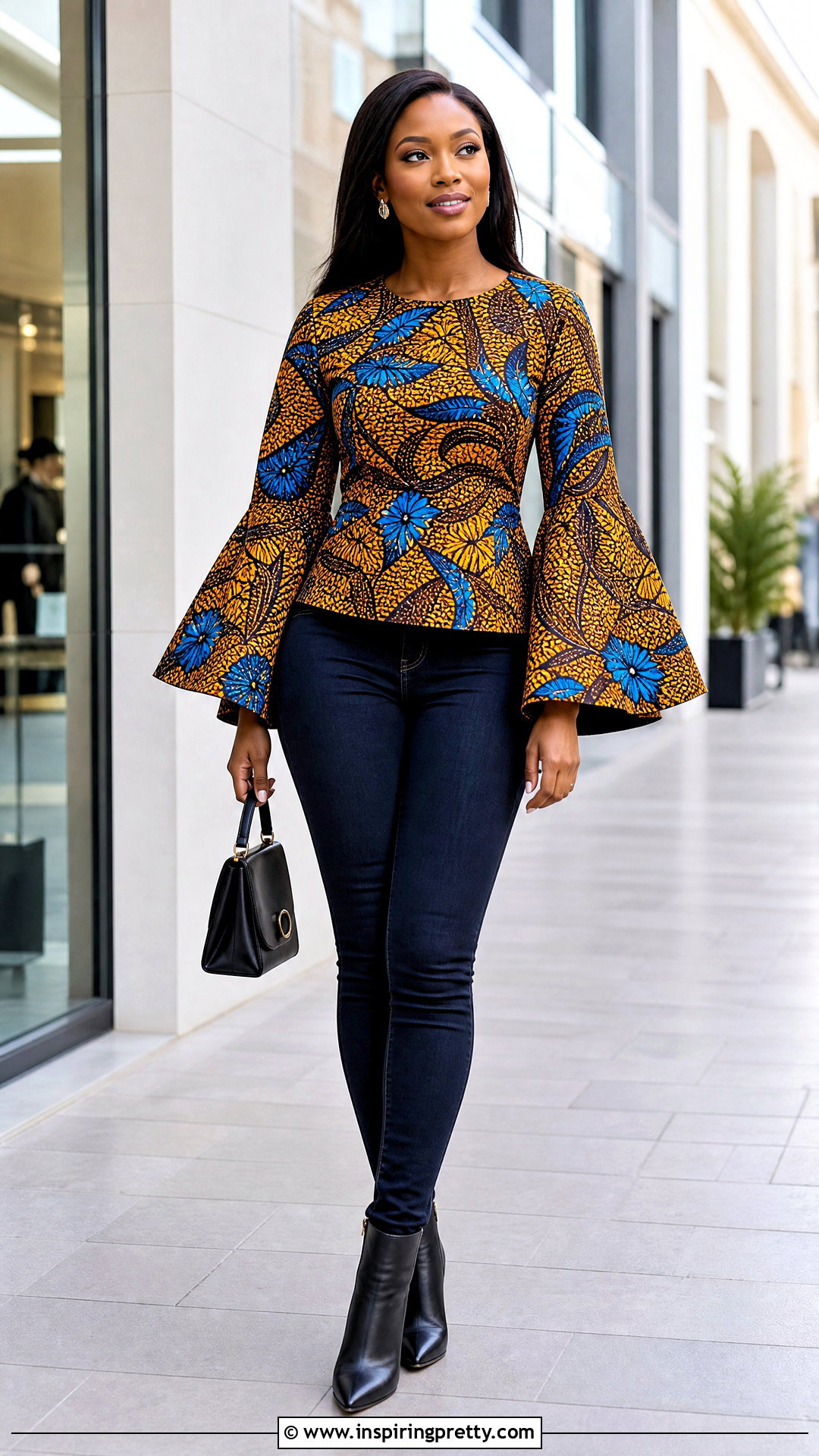 Ankara Bell Sleeve Top With Skinny Jeans - 50 Simple Ankara Top Styles