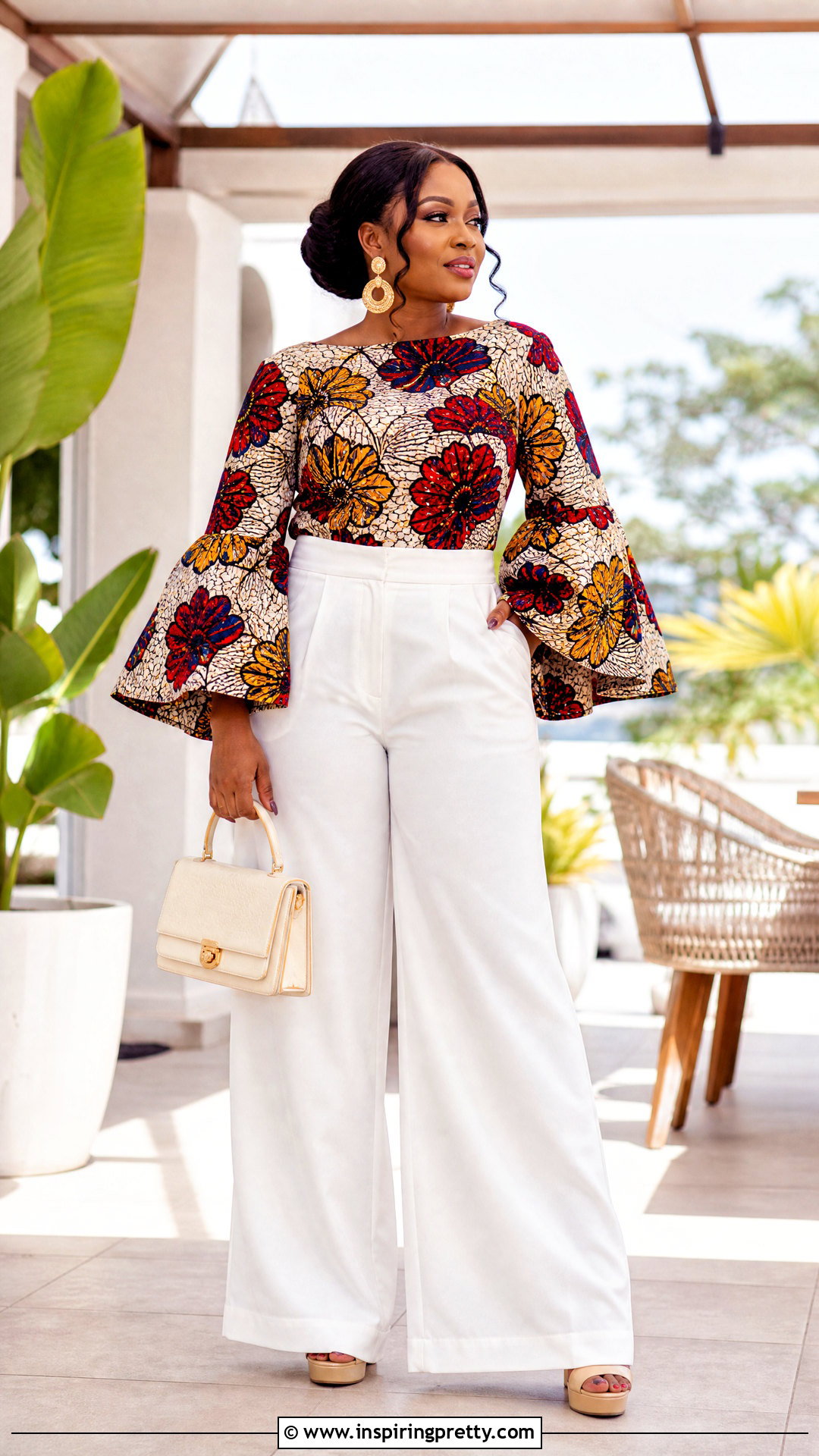 Ankara Bell Sleeve Top With White Wide Leg Pants - 25 ankara bell sleeve top outfit ideas