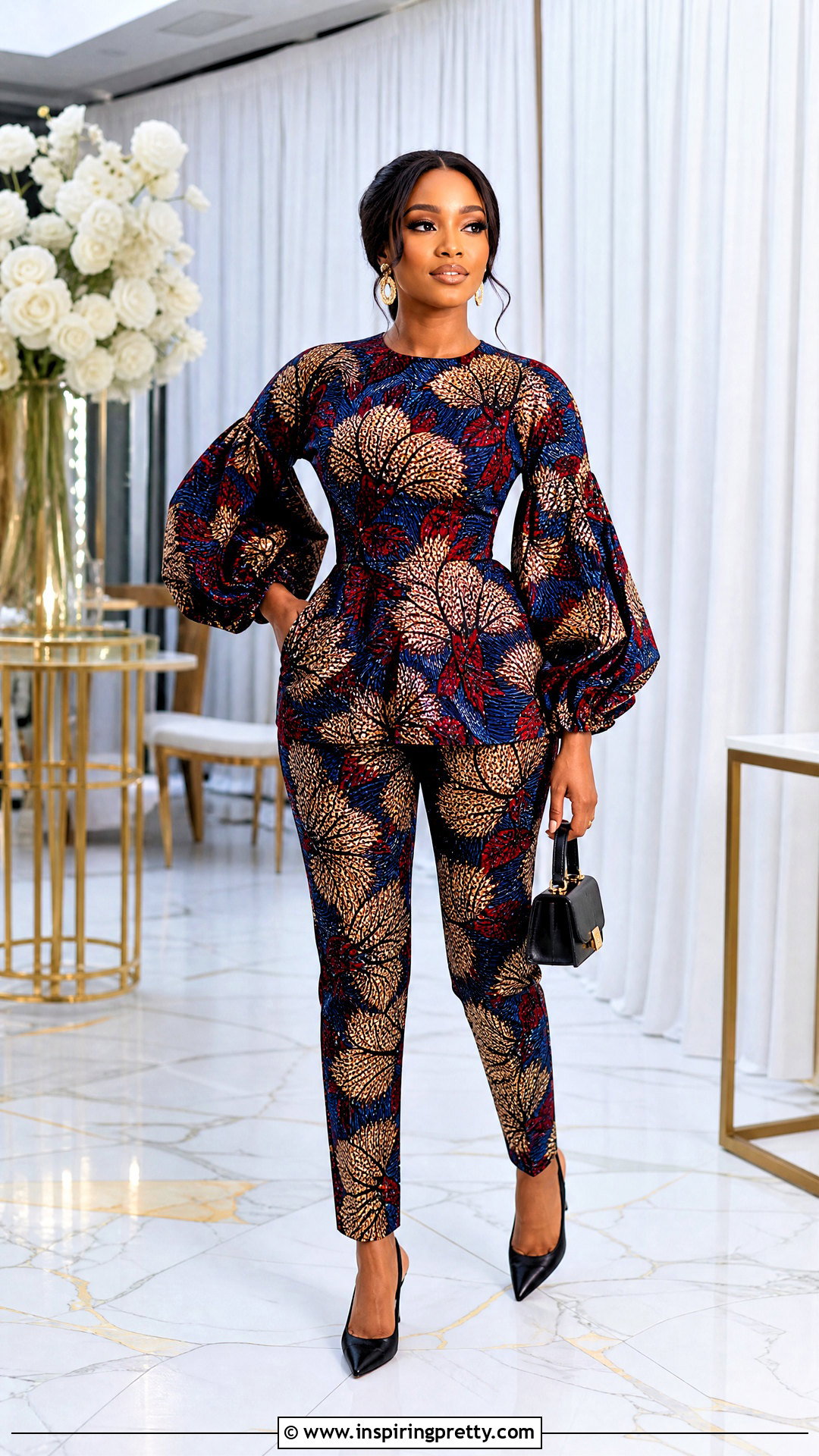 Ankara Bishop Sleeve Top And Slim Trouser Set - 50 Ankara Two Pieces Trouser And Tops