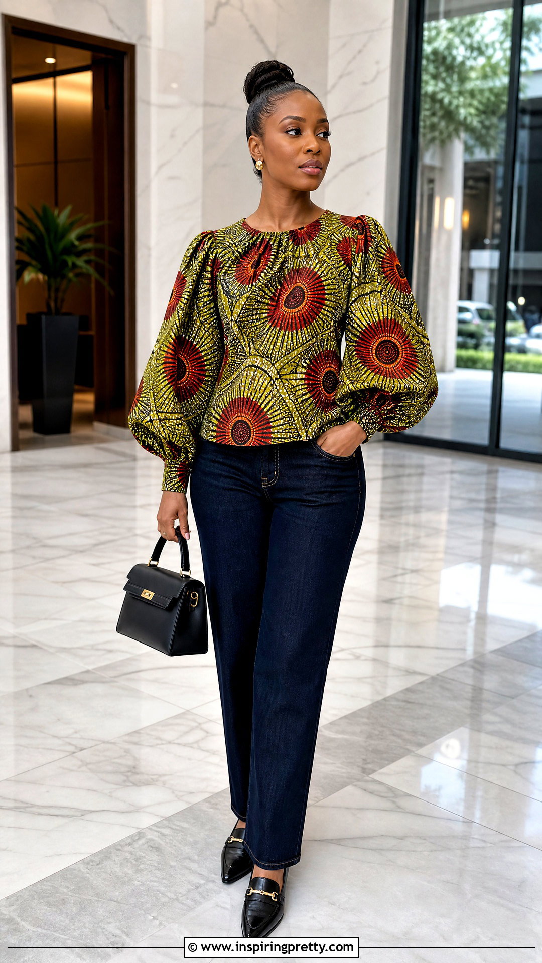 Ankara Bishop Sleeve Top With Straight Jeans - 50 ankara top styles for jeans