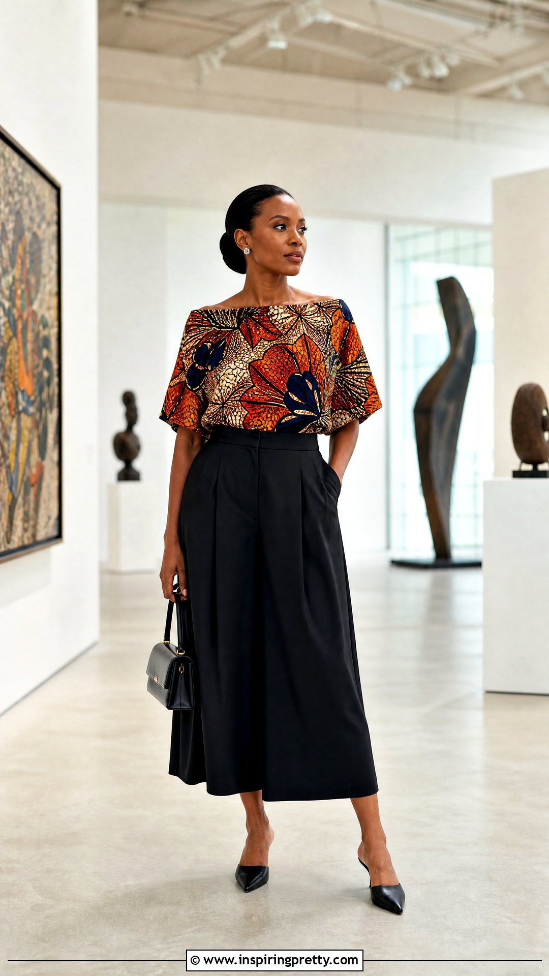 Ankara Boat Neck Top With Culottes - 50 Simple Ankara Top Styles