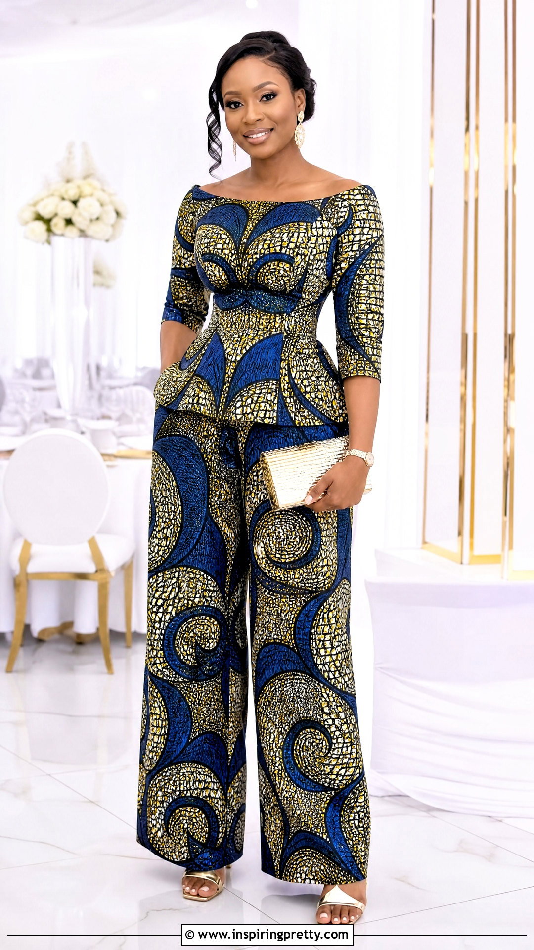 Ankara Boat Neck Top With Palazzo Trousers - 50 trouser and top ankara styles