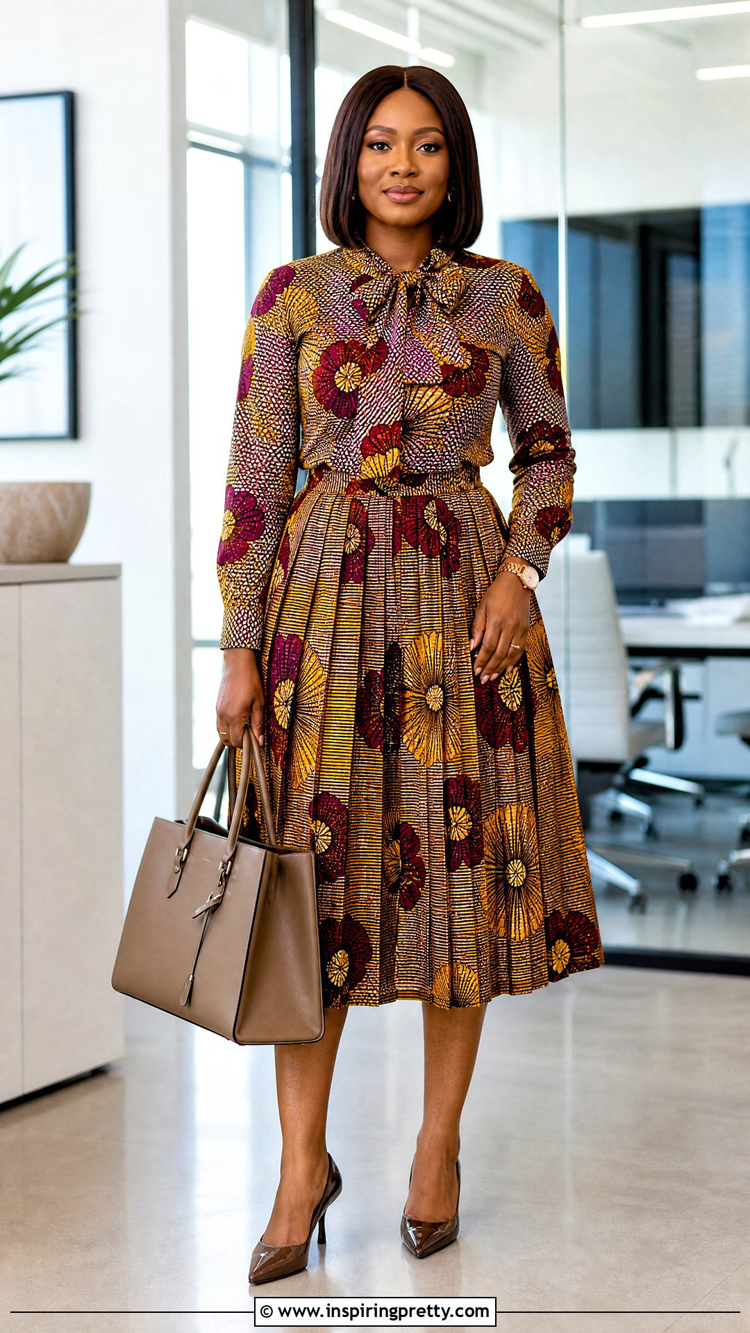 Ankara Bow Neck Top And Pleated Skirt Outfit - 20 ankara skirt and top outfit ideas