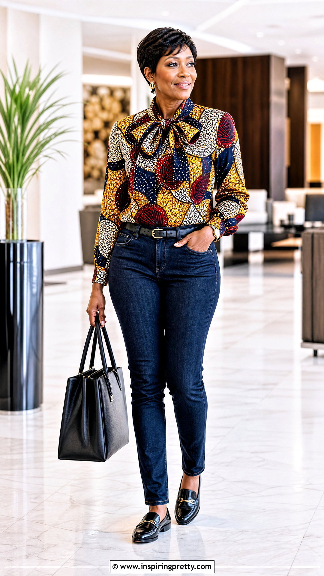 Ankara Bow Neck Top With Dark Jeans - 50 ankara top styles for jeans