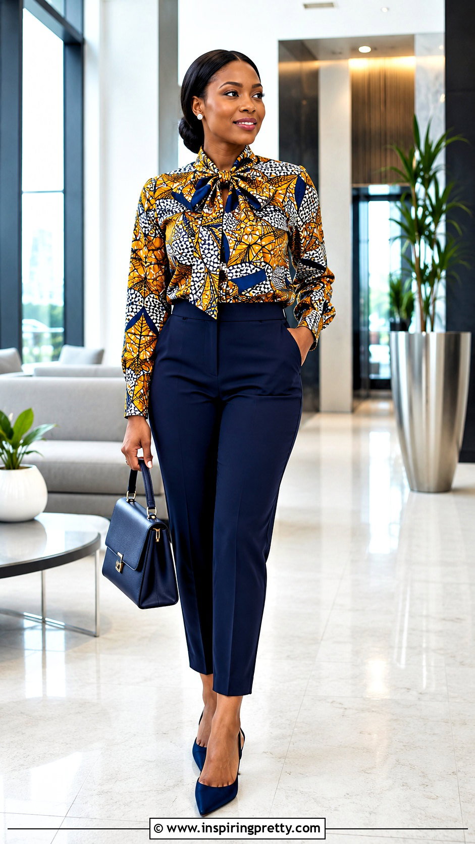 Ankara Bow Neck Top With Tapered Pants - 50 latest ankara top styles