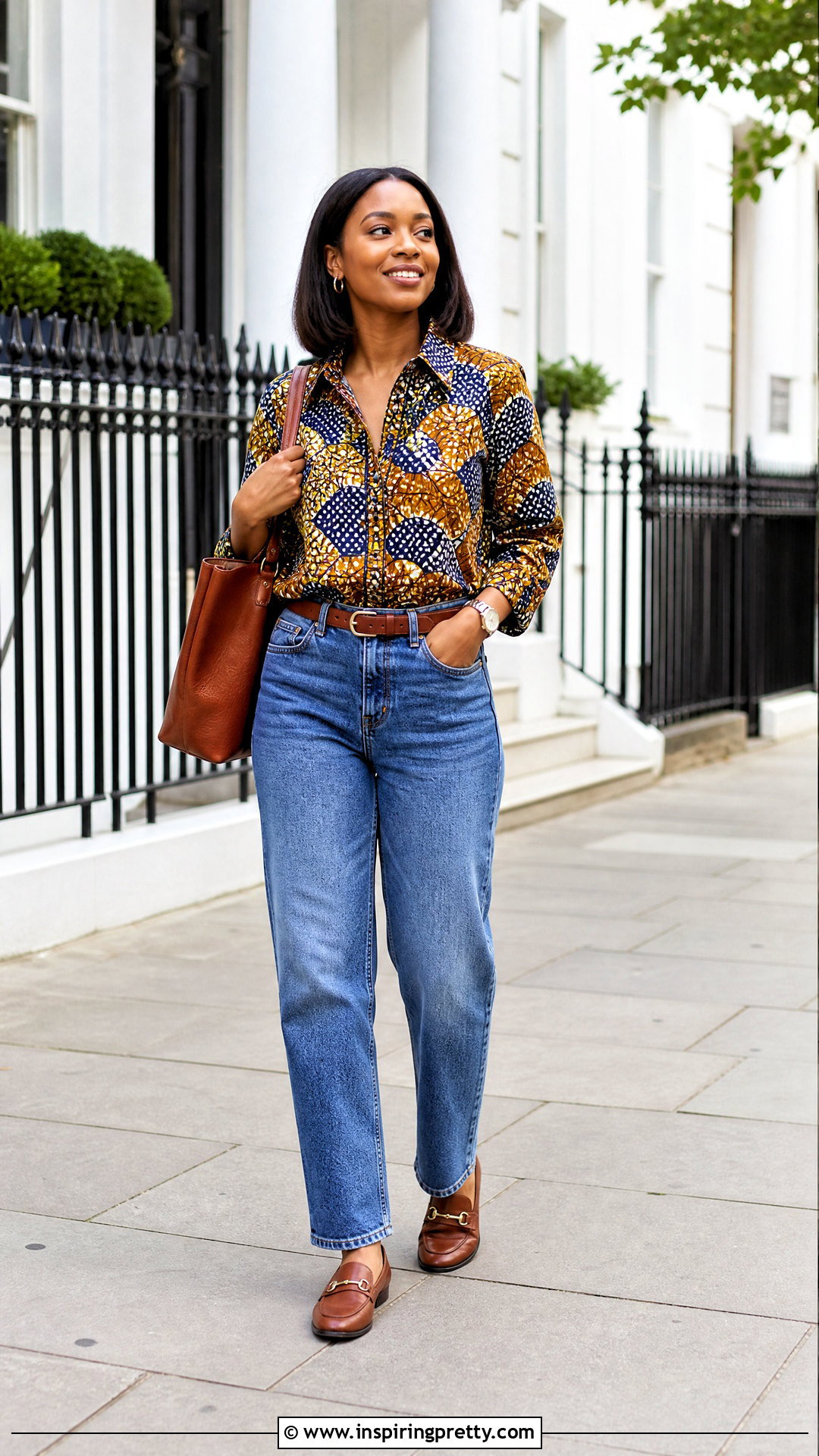 Ankara Button Down Top With Blue Jeans - 50 ankara tops outfit ideas