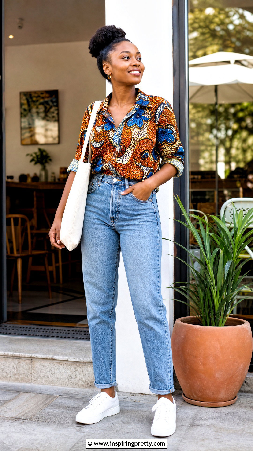 Ankara Button Down Top With Mom Jeans - 50 Simple Ankara Top Styles