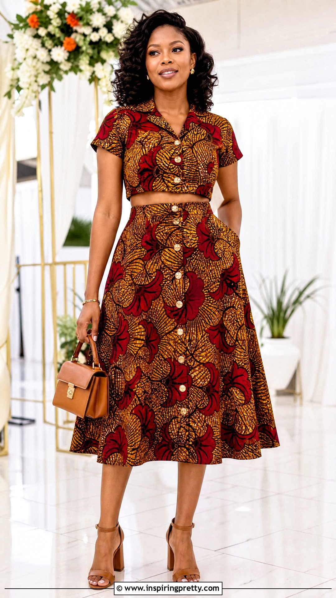 Ankara Button Front Crop Top And High Waist Midi Skirt - 50 ankara crop top and skirt high waist outfits