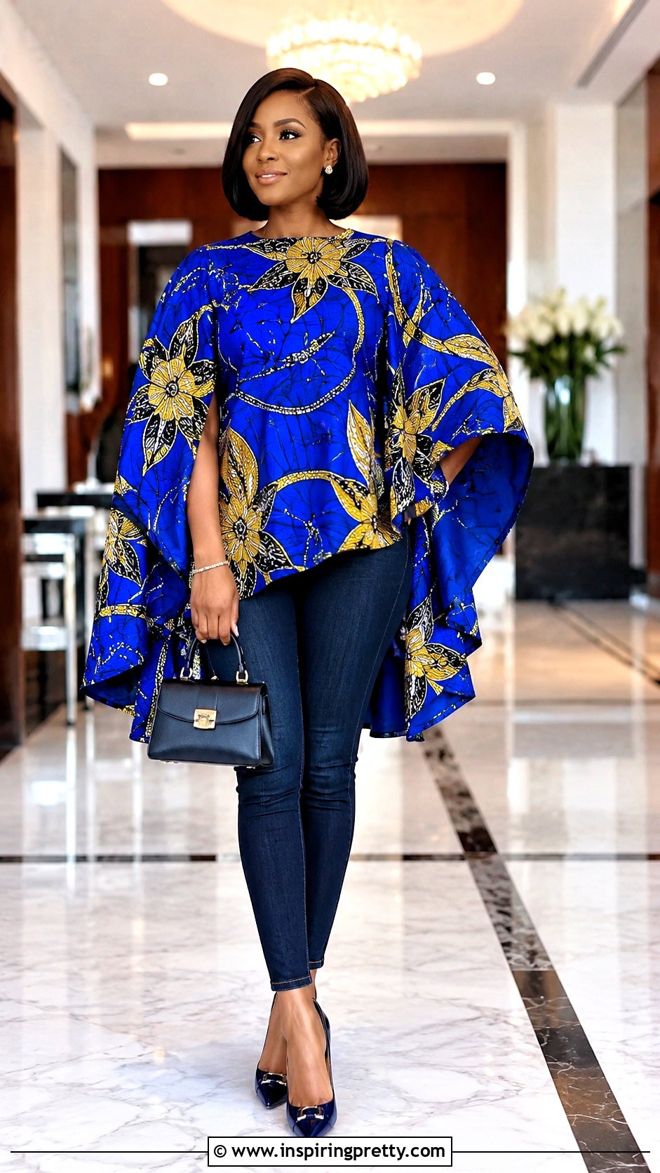 Ankara Cape Top With Fitted Jeans - 50 Simple Ankara Tops With Jeans