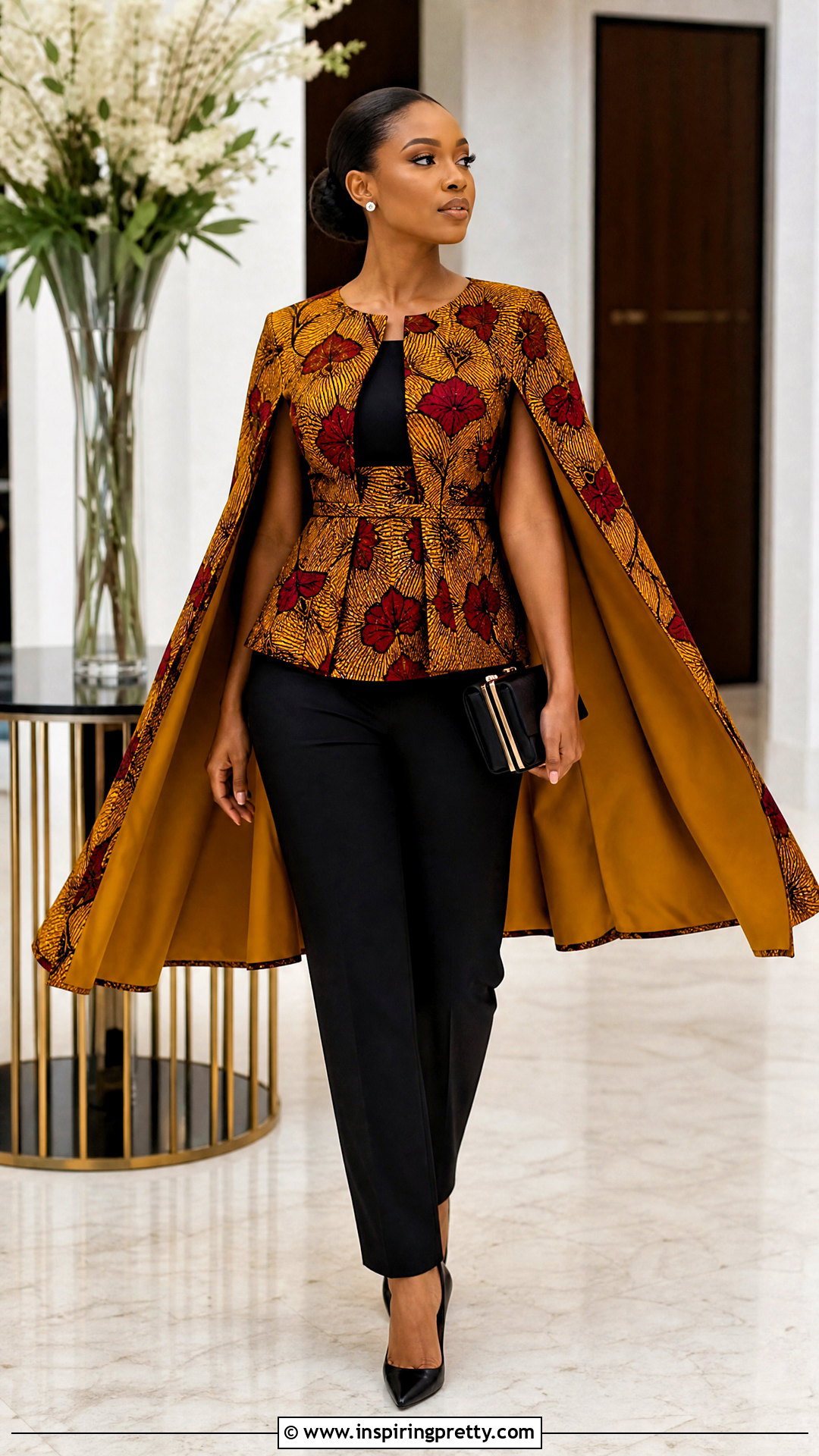 Ankara Cape Top With Pencil Pants - 50 Simple Ankara Top Styles