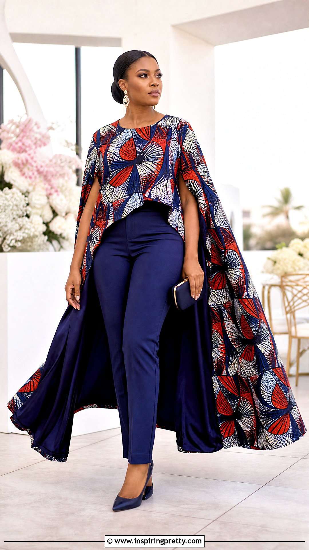Ankara Cape Top With Slim Trousers - 50 cute ankara tops outfit ideas