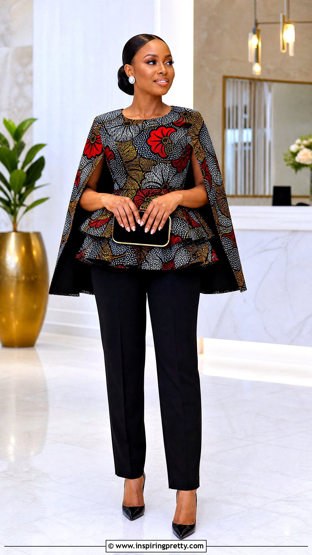 Ankara Caped Peplum Top With Straight Pants - 50 Simple Ankara Top Styles