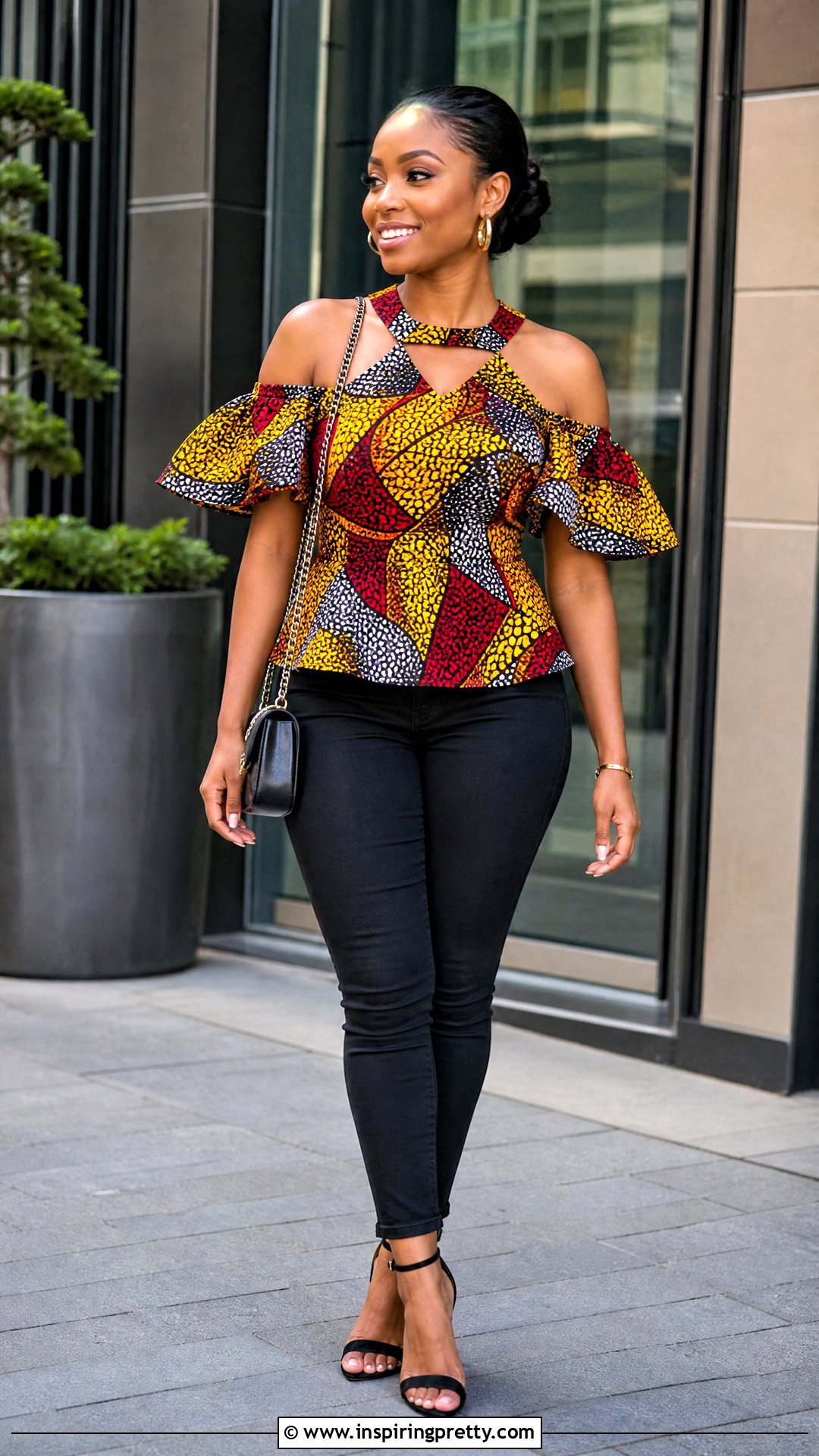 Ankara Cold Shoulder Top With Black Jeans - 50 ankara tops outfit ideas