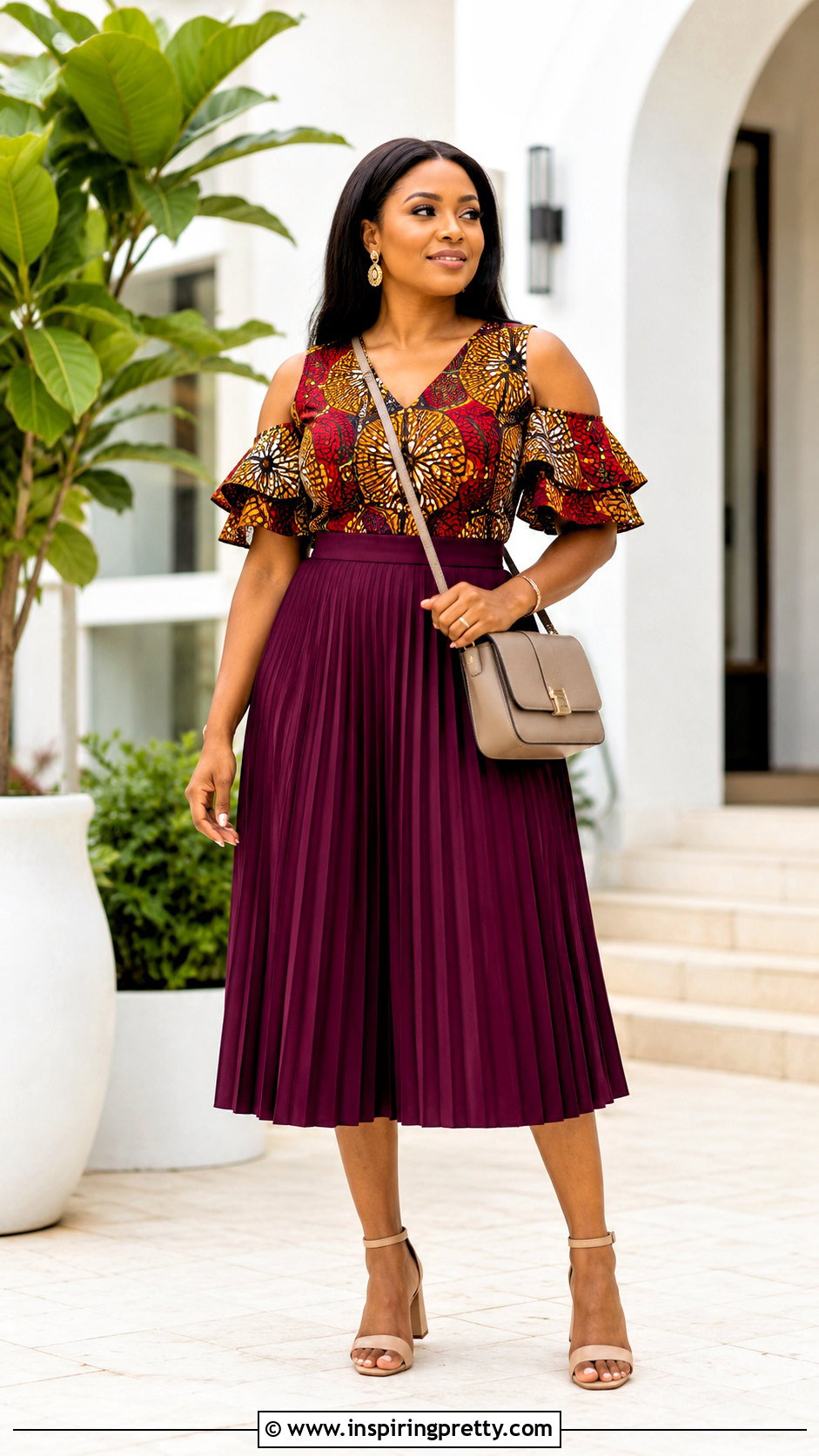 Ankara Cold Shoulder Top With Midi Skirt - 50 latest ankara top styles