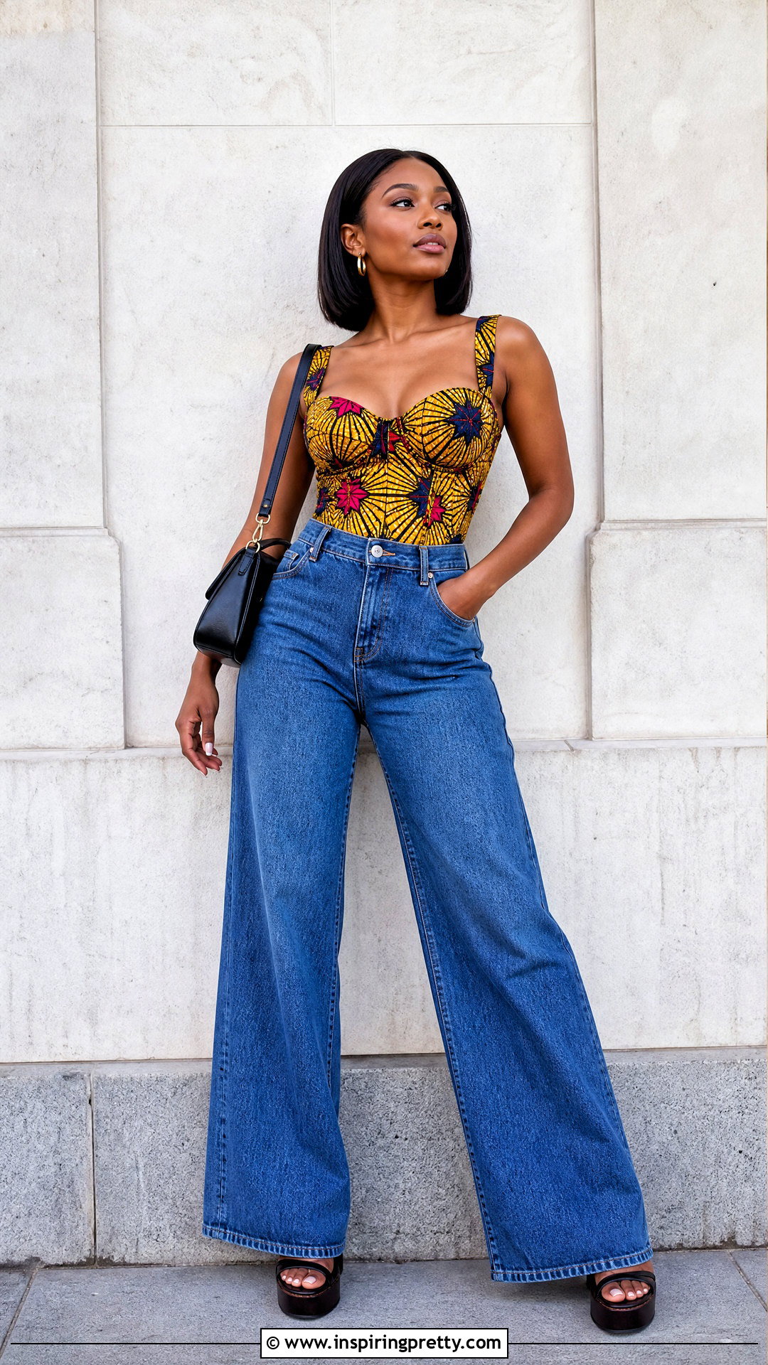 Ankara Corset Top With Wide Leg Jeans - 50 Simple Ankara Top Styles