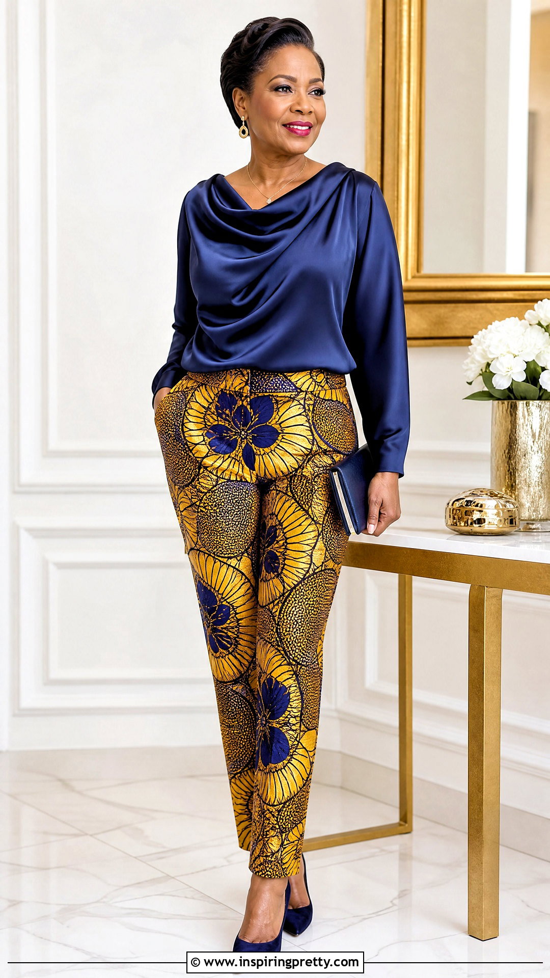 Ankara Cowl Neck Top With Tapered Trousers - 50 trouser and top ankara styles