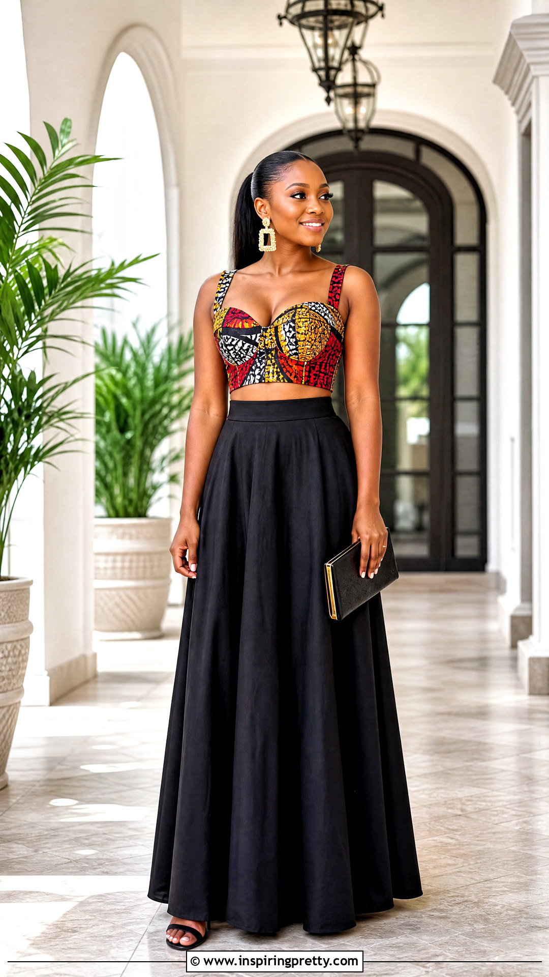 Ankara Crop Top With Black Maxi Skirt - 50 Ankara Crop Top Styles
