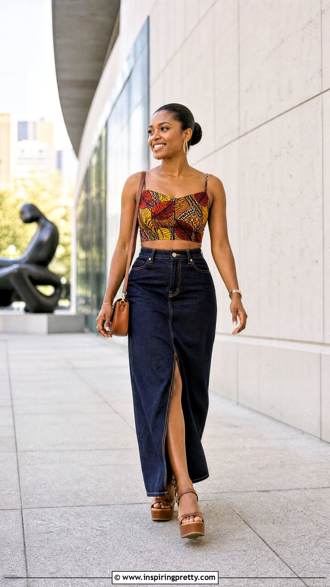 Ankara Crop Top With Denim Maxi Skirt - 50 Ankara Crop Top Styles
