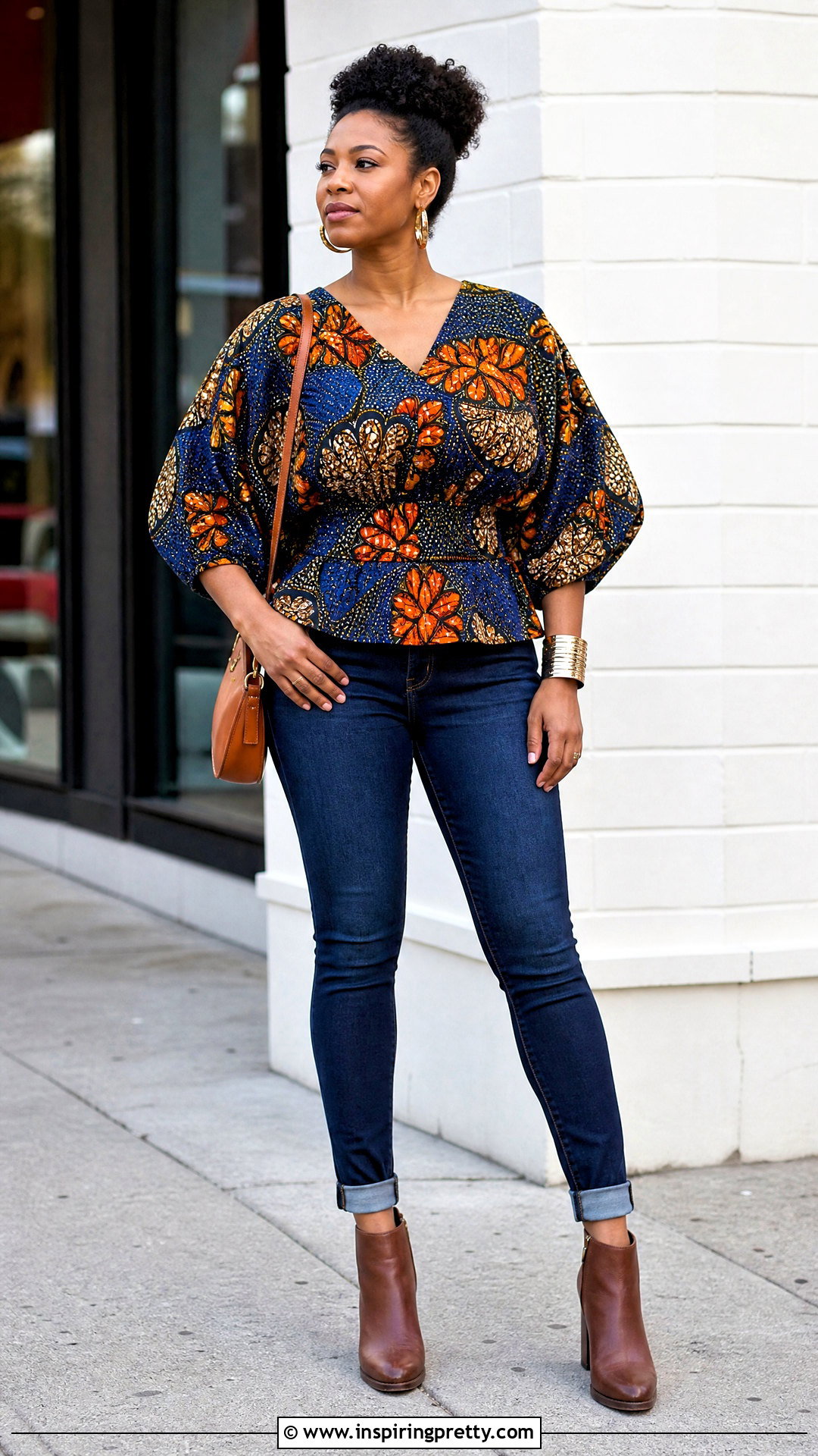 Ankara Dolman Sleeve Top With Slim Jeans - 50 Simple Ankara Top Styles