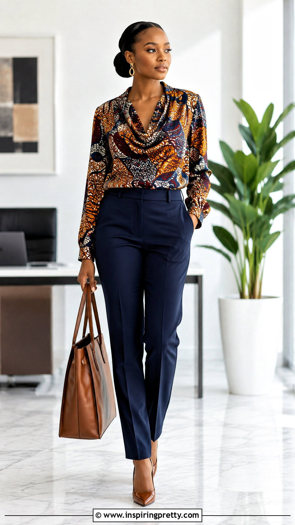 Ankara Draped Neck Top With Tailored Trousers - 50 latest ankara top styles