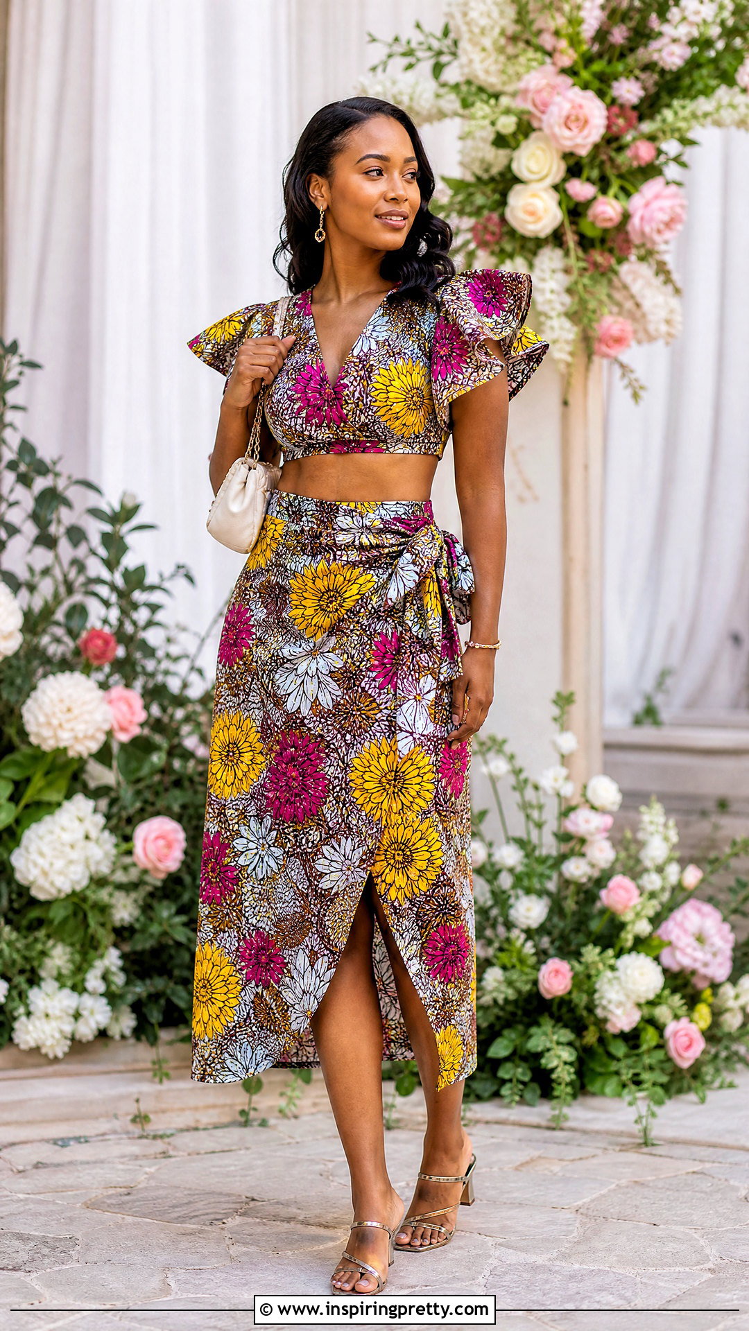 Ankara Flutter Sleeve Crop Top And High Waist Wrap Skirt - 50 ankara crop top and skirt high waist outfits