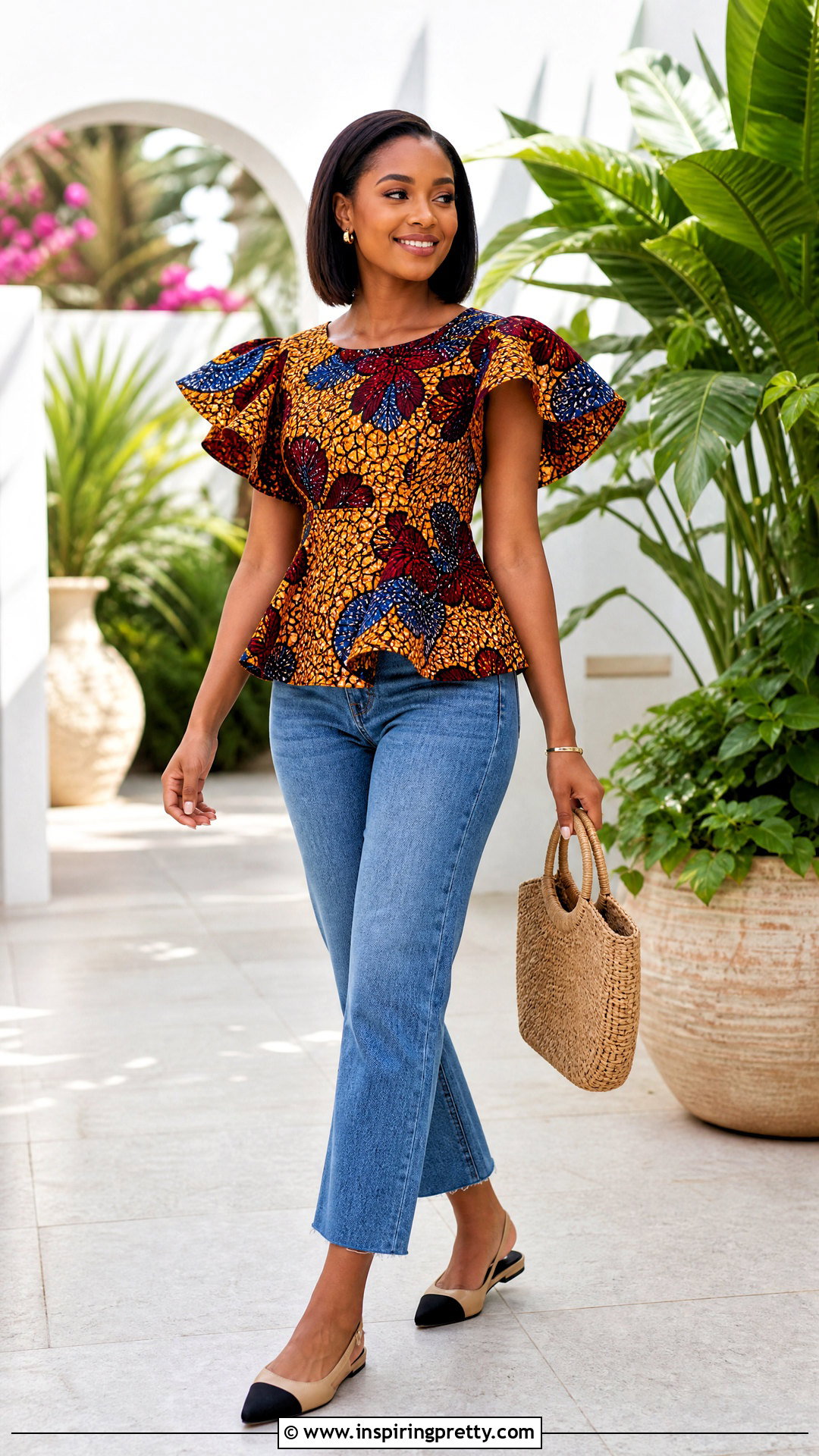 Ankara Flutter Sleeve Top With Cropped Jeans - 50 ankara top styles for jeans