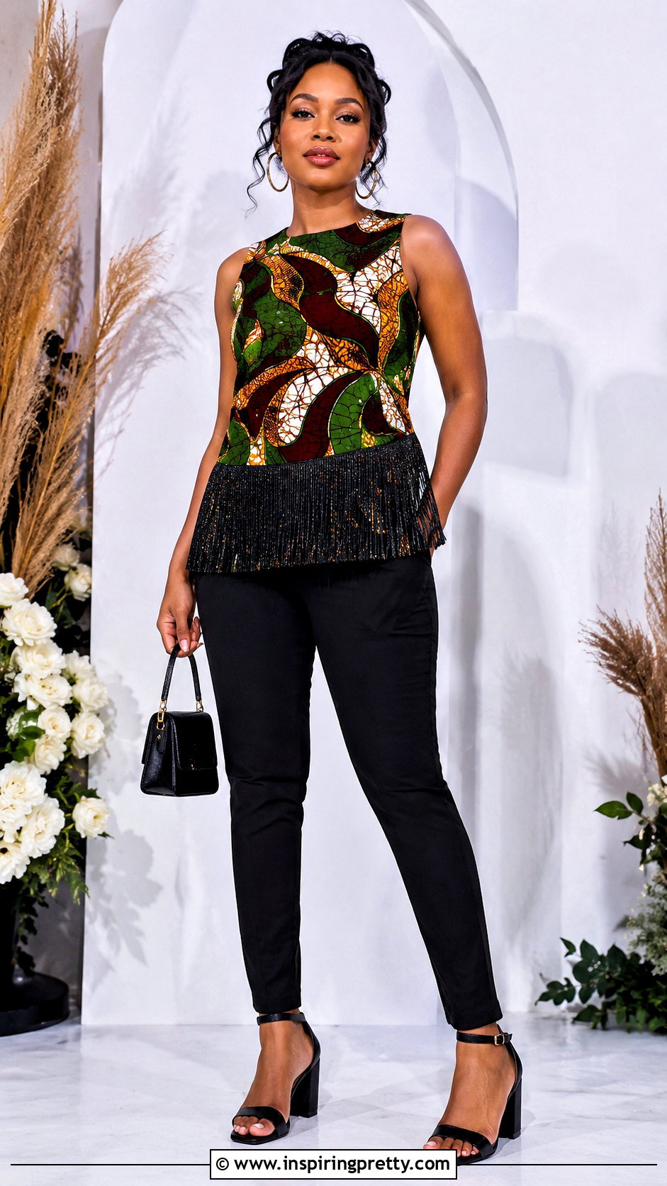 Ankara Fringe Hem Top With Slim Trousers - 50 latest ankara top styles
