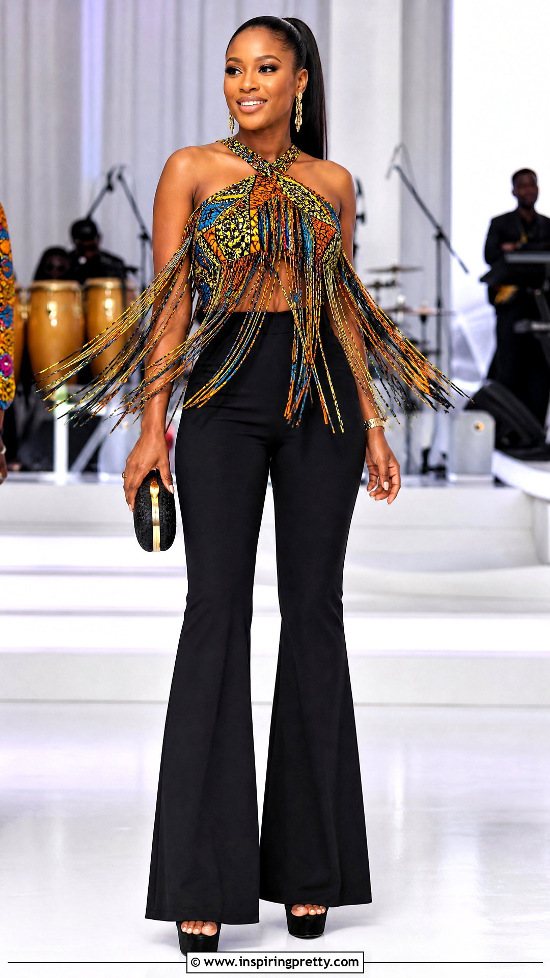 Ankara Fringe Top With Flared Pants - 50 ankara tops outfit ideas