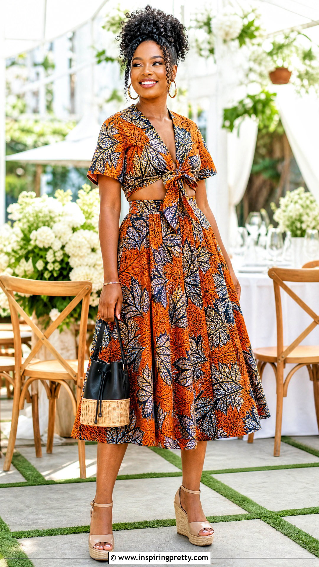 Ankara Front Tie Top And Flared Midi Skirt Outfit - 50 ankara top and skirt outfits