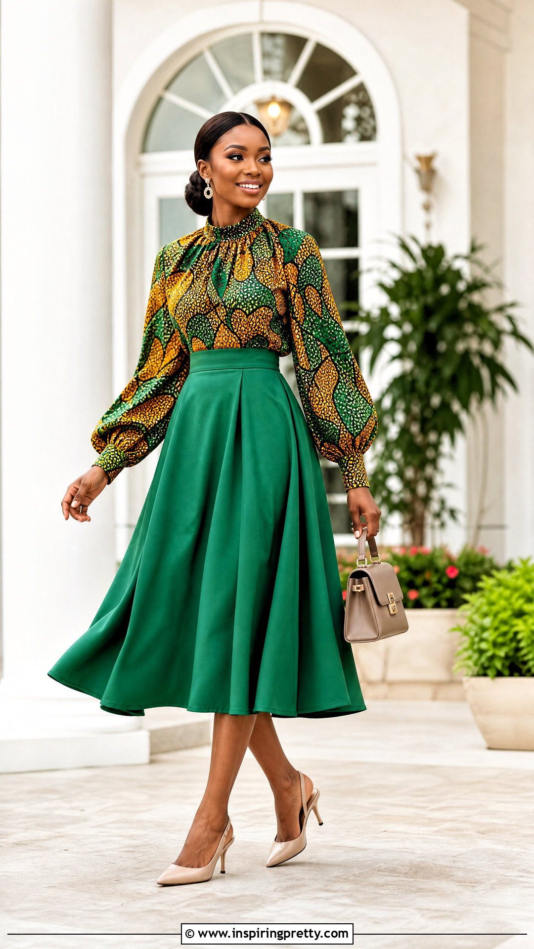 Ankara Gathered Neck Top With Flared Skirt - 50 Simple Ankara Top Styles