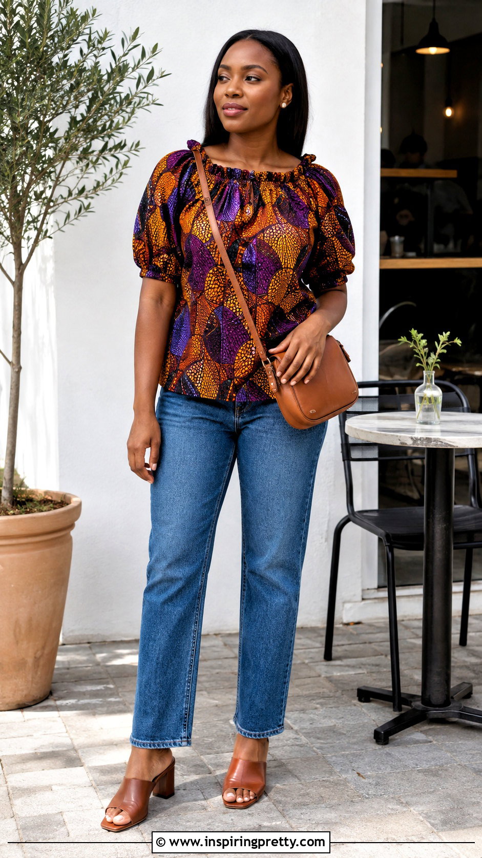Ankara Gathered Neck Top With Straight Jeans - 50 latest ankara top styles
