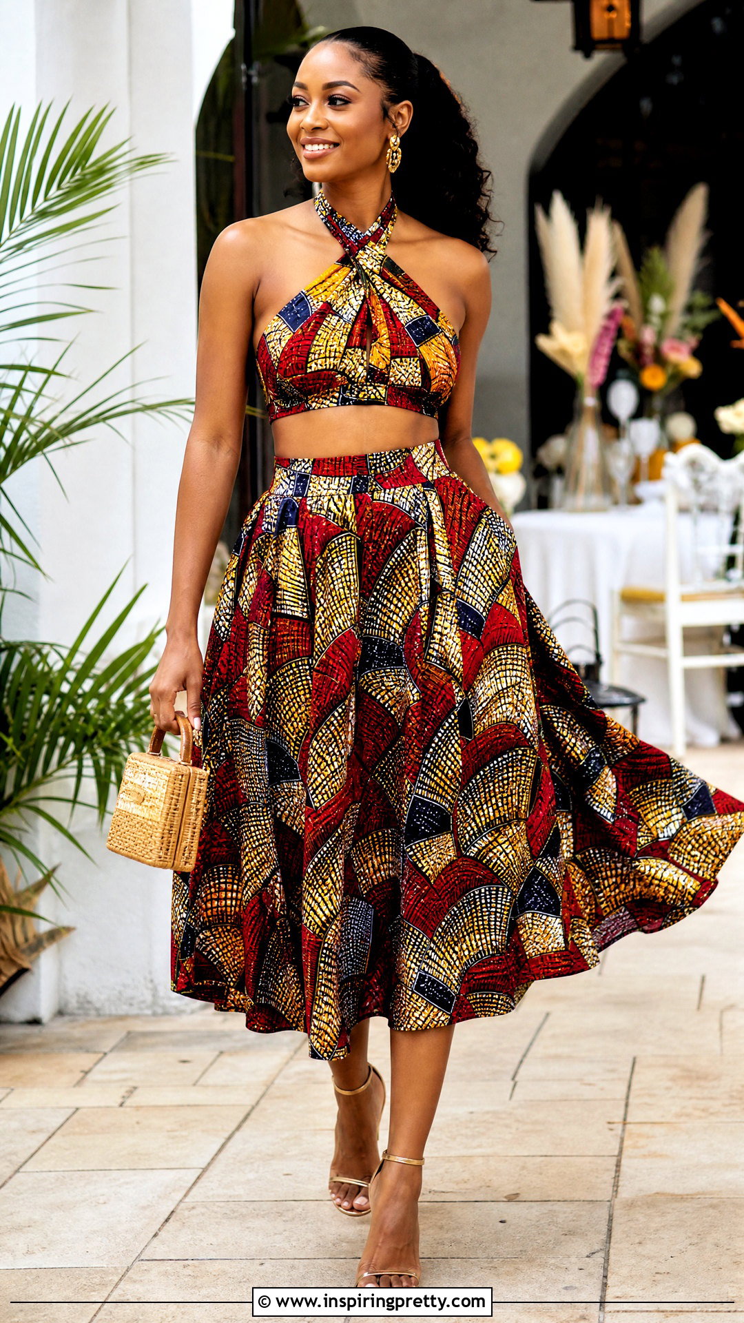 Ankara Halter Crop Top And High Waist Flared Skirt - 50 ankara crop top and skirt high waist outfits